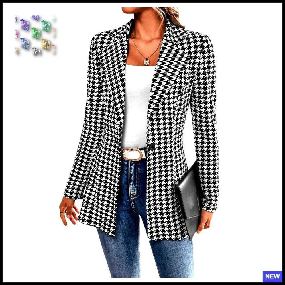 Houndstooth Long Sleeve Button Blazer Slim Fit Office Casual Chic